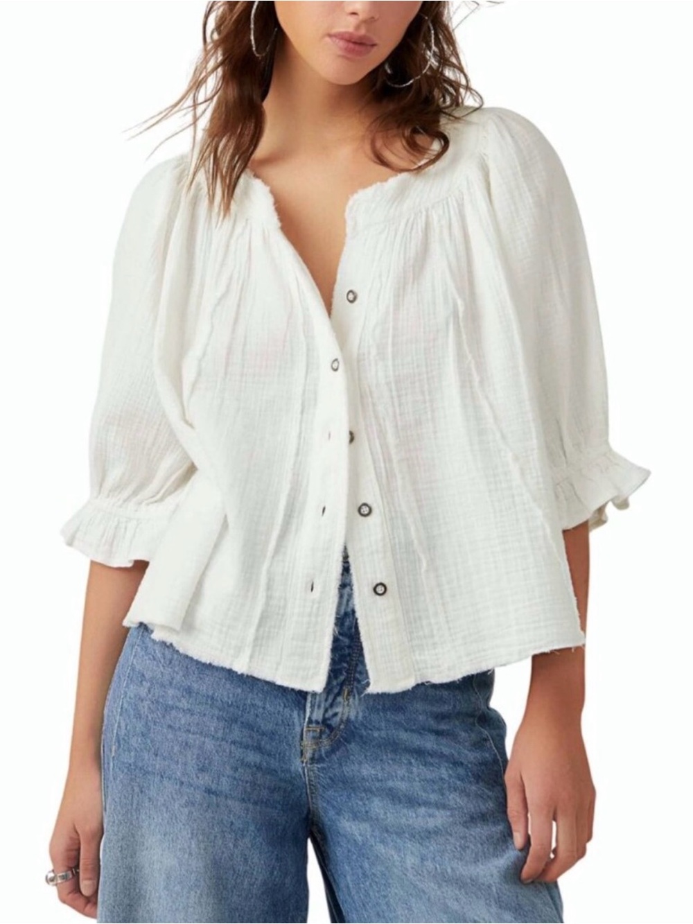 We The Free Lucy Button Front White Gauze Peasant Top Balloon Sleeve O11
